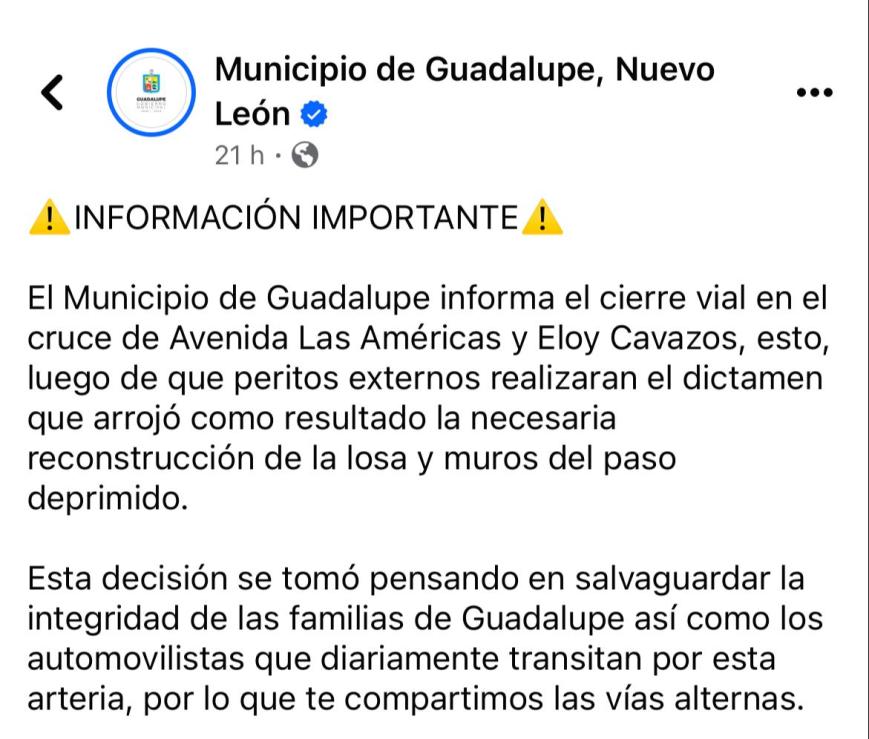 Tómalo en cuenta: Habrá cierres viales en avenida Las Américas y Eloy Cavazos