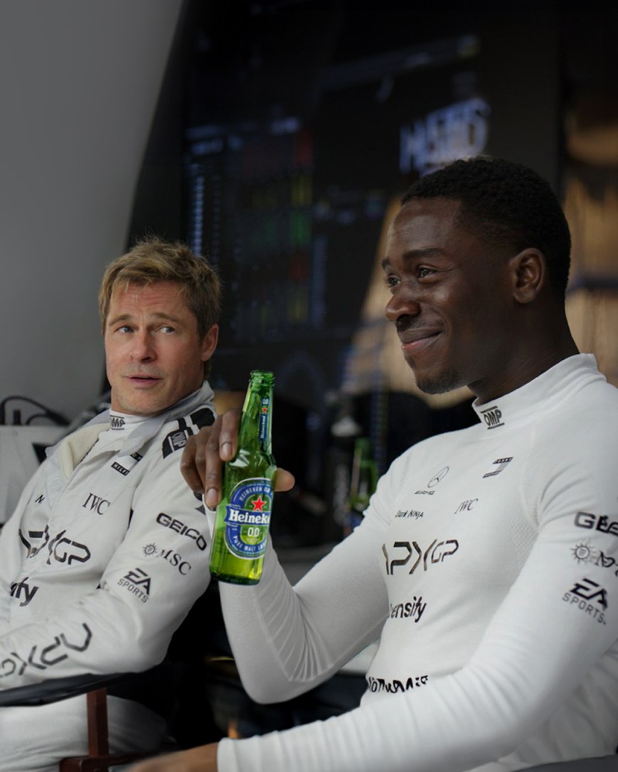 Sorprenden Brad Pitt y Damson Idris con nuevo spot de F1 THE MOVIE y Heineken 0.0