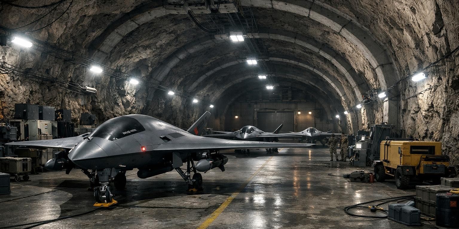 Multiple stealth drones parked inside an underground military hangar with two soldiers standing