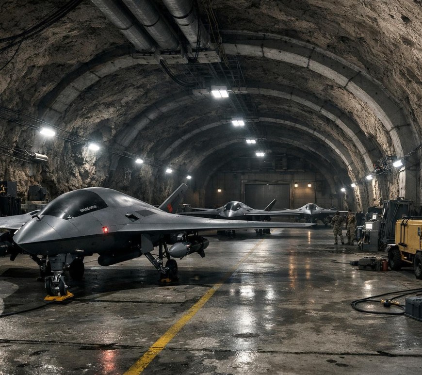 Multiple stealth drones parked inside an underground military hangar with two soldiers standing
